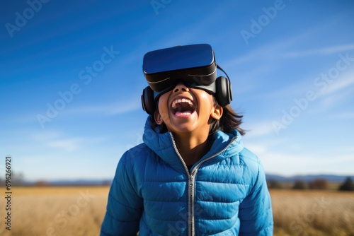 Excited young child trying out a new pair of virtual reality goggles A fictional character created by Generated AI.  © shelbys