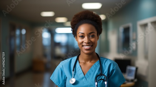 Portrait of happy African female nurse in her uniform, Generative AI.
