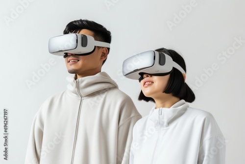 Young adults enjoying a virtual reality experience together A fictional character created by Generated AI. 
