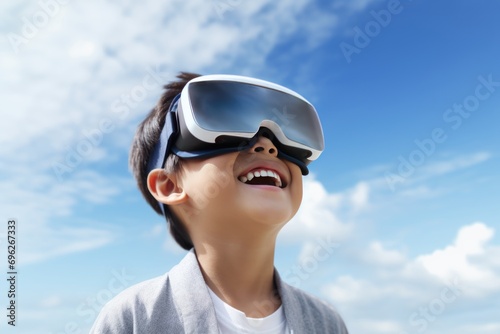 Boy Enjoying Wearing Virtual Reality Goggles A fictional character created by Generated AI.  photo