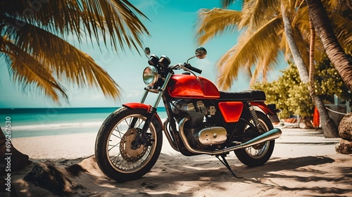 Old red vintage motorcycle parked on the beach. The concept of freedom, summer and vacation on the clear blue sea.