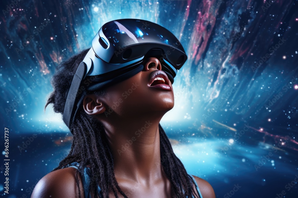 African American Woman Enjoying Virtual Reality Gaming A fictional character created by Generated AI. African American Woman Enjoying Virtual Reality Gaming A fictional character created by Generated AI.