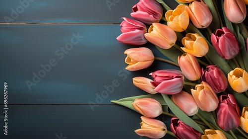 Colorful tulips on an empty wooden table with copy space. #696267969