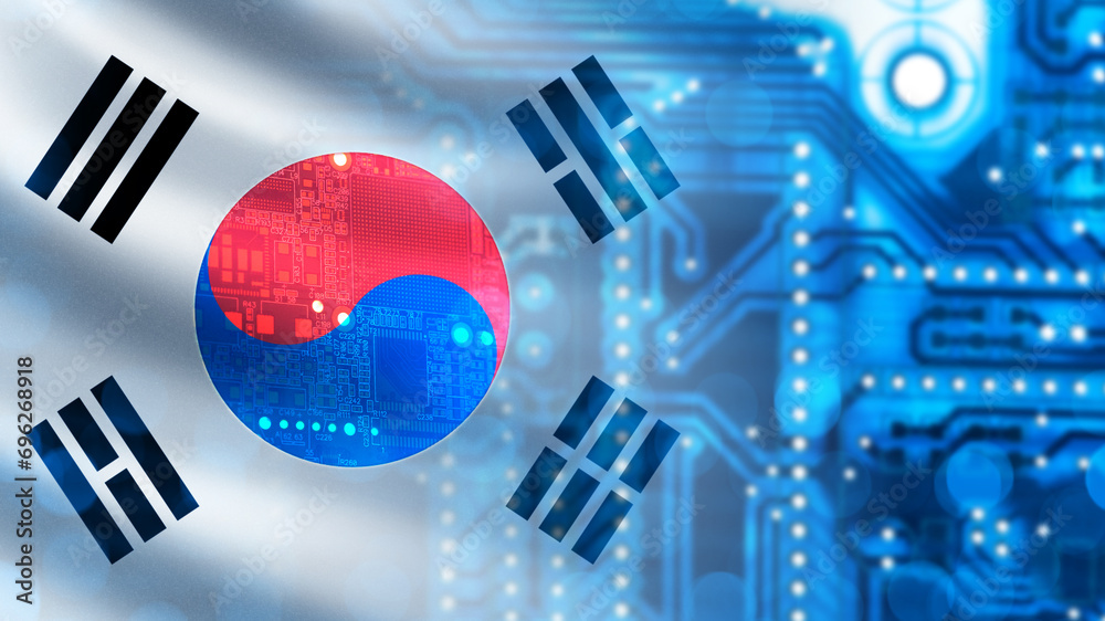 Microelectronics industry South Korea. Microchip under magnifying glass. PCB made in South Korea. Digital board. Microchip made in Seoul factory. South Korea flag. Microchip export concept. 3d image - obrazy, fototapety, plakaty 