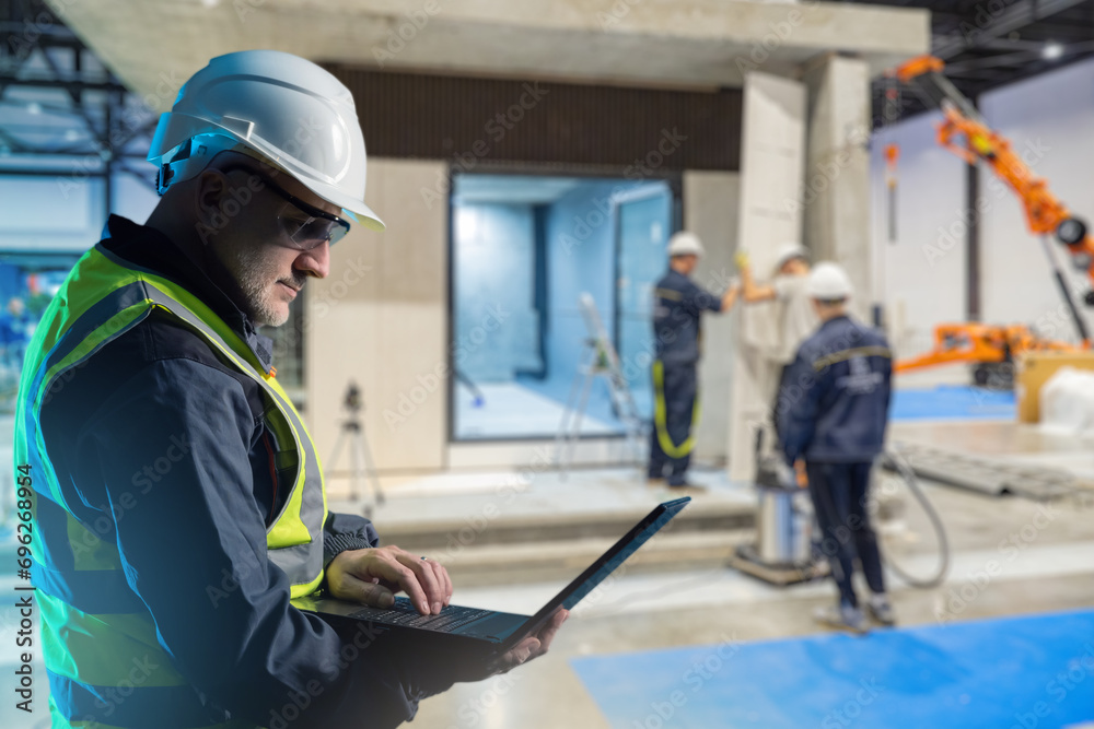 Man industrial builder. Foreman with laptop in factory hangar. Guy supervises construction industrial building. Builder with computer. Man engineer uses internet. Builder near blurred colleagues Man industrial builder. Foreman with laptop in factory hangar. Guy supervises construction industrial building. Builder with computer. Man engineer uses internet. Builder near blurred colleagues