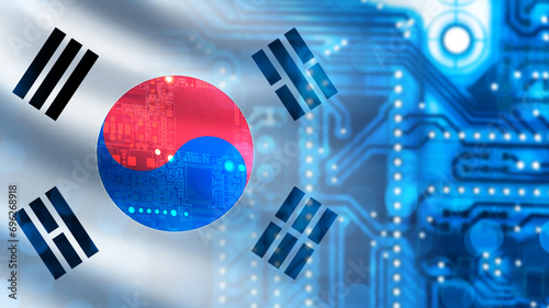 Microelectronics industry South Korea. Microchip under magnifying glass. PCB made in South Korea. Digital board. Microchip made in Seoul factory. South Korea flag. Microchip export concept. 3d image photo
