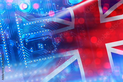 Microelectronics industry UK. Flag of United Kingdom. PCB board with UK symbol. Export of microelectronics concept. Computer processor. Microelectronics technologies in UK. Great Britain. 3d image