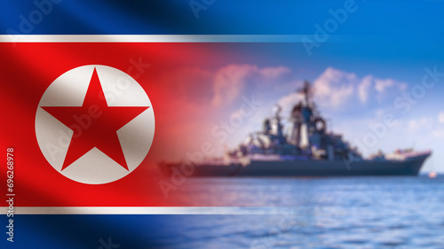 North Korea navy. Ship at sea. Flag DPRK. Military naval vessel. North Korea navy in ocean. Naval vessel in Korean strait. Blurred ship for protecting borders DPRK. North Korea navy exercises