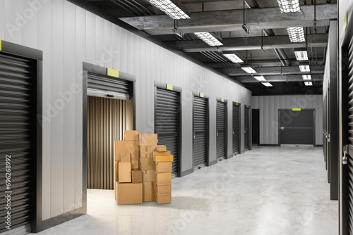 Storage interior. Corridors of warehouse building. Boxes near storage unit. Storehouse for personal items. Rent storage unit concept. Warehouse buildings with many rooms. Private storehouse. 3d image photo