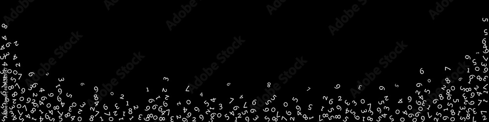 Falling numbers, big data concept. Binary white random flying digits. Grand futuristic banner on black background. Digital illustration with falling numbers. Falling numbers, big data concept. Binary white random flying digits. Grand futuristic banner on black background. Digital illustration with falling numbers.