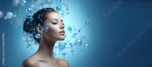 Close-up portrait of woman with molecular structure of facial serum on blue background. Copy space, banner. Advertising style photo
