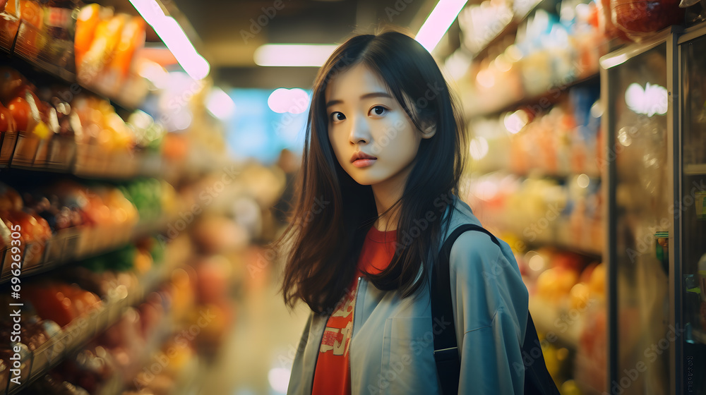 A young Asian woman is buying groceries that are on the shelves in a supermarket. Supermarket shelves full of fruits and vegetables and many different foods.