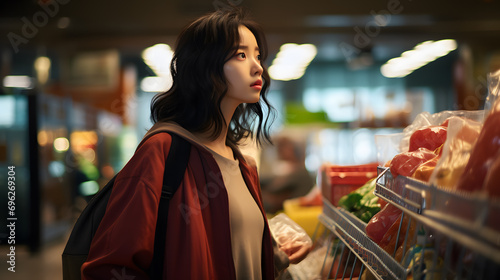 A young Asian woman is buying groceries that are on the shelves in a supermarket. Supermarket shelves full of fruits and vegetables and many different foods. © Nawarit