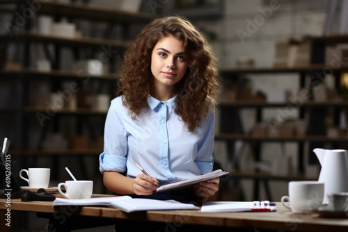 A woman is seen sitting at a table with a notebook. This image can be used to depict studying, working, or writing. © vefimov