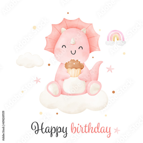 Watercolor baby dinosaur girl with cupcake For nursery kids Birthday party