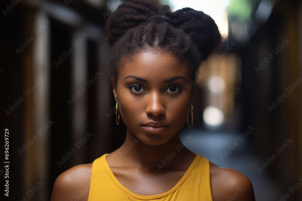 Woman wearing yellow top poses for picture. Suitable for various uses. Woman wearing yellow top poses for picture. Suitable for various uses.