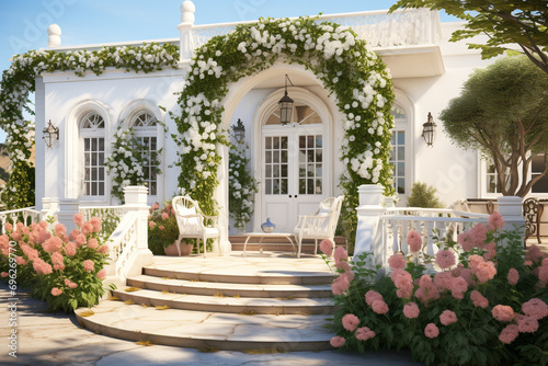 Architecture and interior  lifestyle concept. Beautiful classic cozy white house facade with yard. Yard with green grass and growing trees. Sunny and warm sunny day