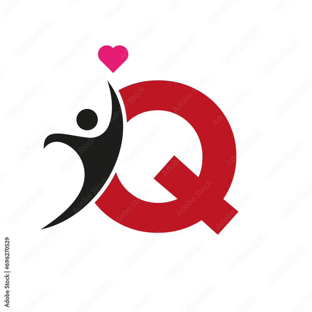 Obraz premium Health Care Logo On Letter Q Love, Heart Symbol. Charity Logotype