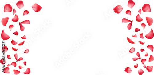Watercolor red rose petals falling on white background.