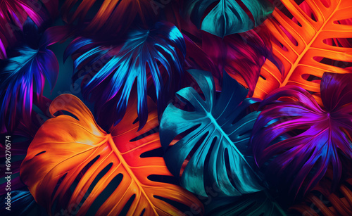 Creative fluorescent color layout made of tropical leaves.