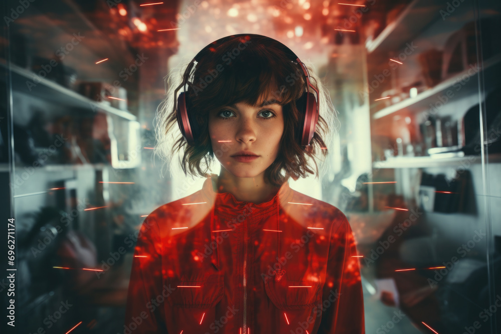 Woman standing in room illuminated by red lights. Perfect for creating mysterious and captivating atmosphere. Woman standing in room illuminated by red lights. Perfect for creating mysterious and captivating atmosphere.