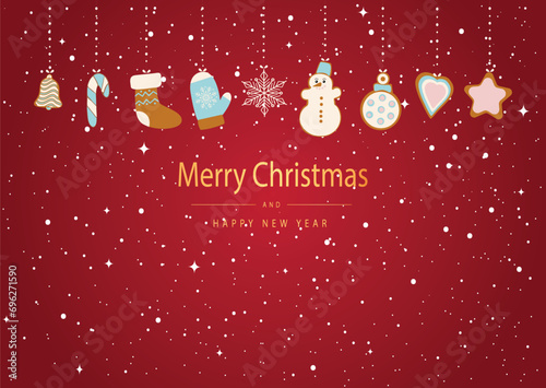 A Merry Christmas card. Gingerbread cookies in the form of a snowman, a Christmas tree and gingerbread men and various Christmas tree toys. Celebrating New Year and Christmas