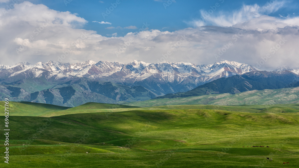 A picturesque plateau against the backdrop of snow-covered peaks in the Trans-Ili Alatau (Kazakhstan)