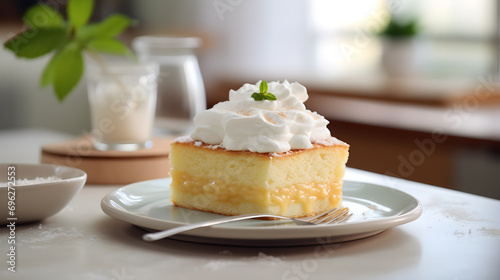 Mexican traditional delicacy, the Pastel de Tres Leches, a white plate a wooden table, featuring a sweet and delicious piece dessert. Generative AI