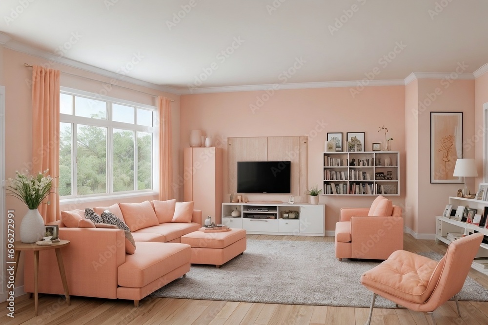 Peach fuzz living room interior design. Cozy living room with peach