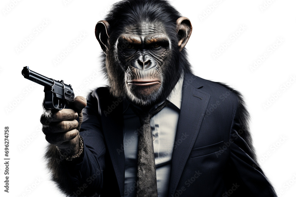 A monkey with a black bandana is holding a gun