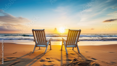 Two deck chairs for sunbathing on the beach, view at sunset. beautiful colorful sunset