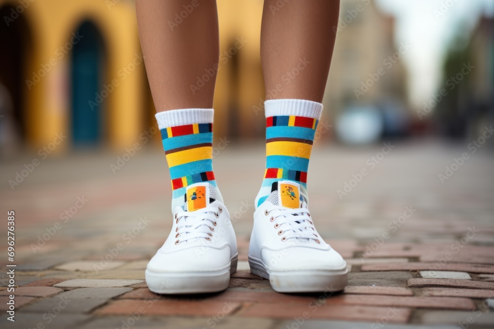 Legs with different pair of socks and white sneakers standing Legs with different pair of socks and white sneakers standing