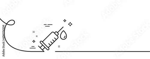 Medical syringe line icon. Continuous one line with curl. Medicine vaccine sign. Pharmacy medication symbol. Medical syringe single outline ribbon. Loop curve pattern. Vector