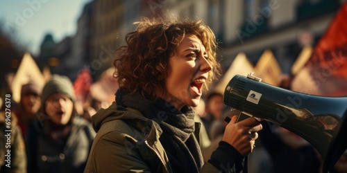 Female activist angry shouting for her cause among people demonstration photo