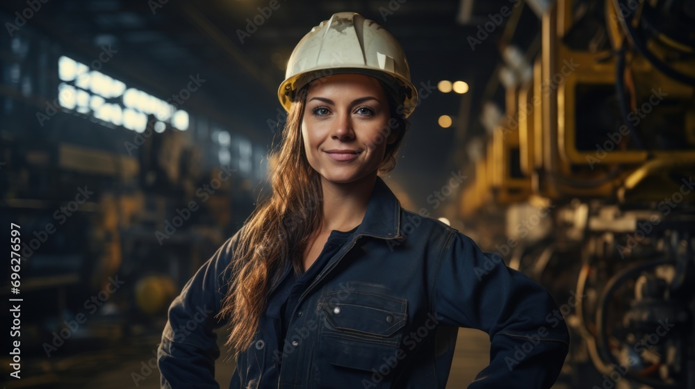 Industry maintenance engineer woman wearing uniform and safety hard hat on factory station. Industry, Engineer, construction concept.