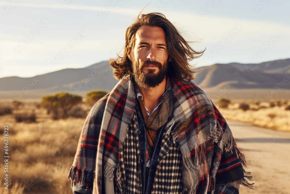 Man with a beard wearing plaid shirt and scarf in the desert A fictional character created by Generated AI. 