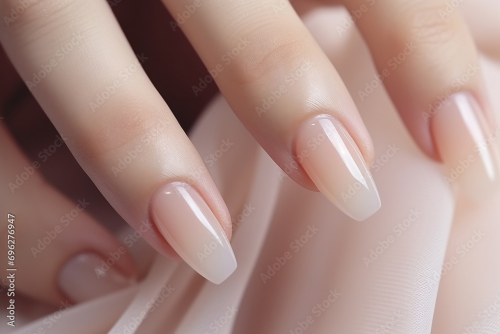 Woman hand with nude shades nail polish on her fingernails. Nude color nail manicure with gel polish at luxury beauty salon. Nail art and design. Female hand model. French manicure. - obrazy, fototapety, plakaty 