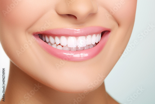 Closeup healthy white teeth and pink gum of a woman. Dental care and teeth whitening concept. Oral care dentistry. Beautiful smile. Perfect healthy teeth. Confident dental beauty.