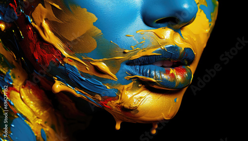 Vivid close-up of lips and skin adorned with blue and gold paint splashes, artistic and abstract in concept. © Sascha