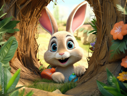 Cheerful animated bunny peeking from tree hollow with colorful Easter eggs. Perfect for springtime promotions, Easter greetings, and children's content.