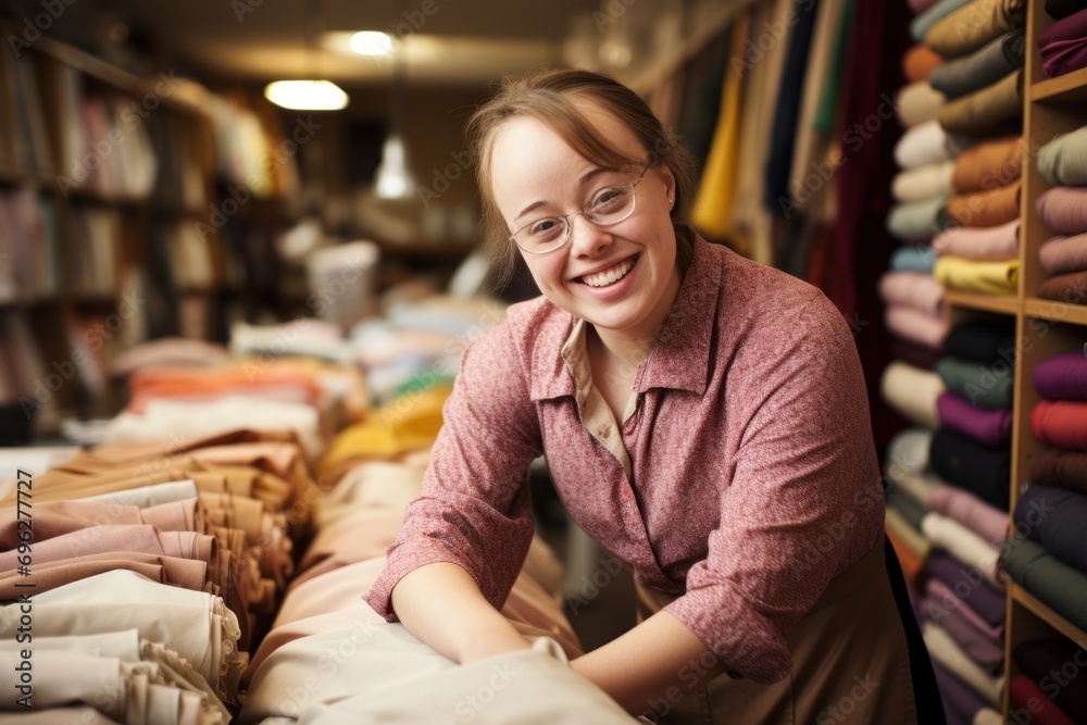 Young woman with Down syndrome working in fabric store, looking joyful and smiling.