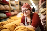Young woman with Down syndrome working in fabric store, looking joyful and smiling.