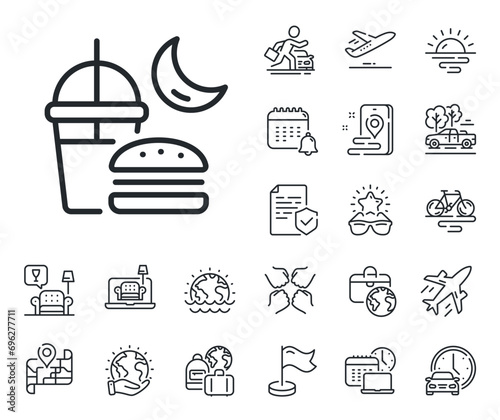 Fast food before sleep sign. Plane jet, travel map and baggage claim outline icons. Night eat line icon. Gluttony symbol. Night eat line sign. Car rental, taxi transport icon. Place location. Vector