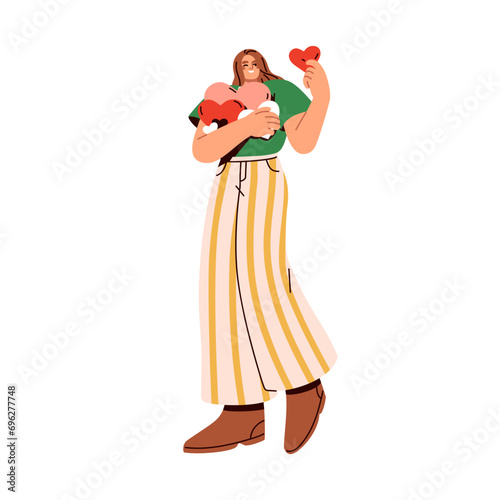 Happy woman holding many heart-shaped cards for Valentines day. Girl with likes in hands. Kind volunteer with donations. Charity concept. Flat vector illustration isolated on white background