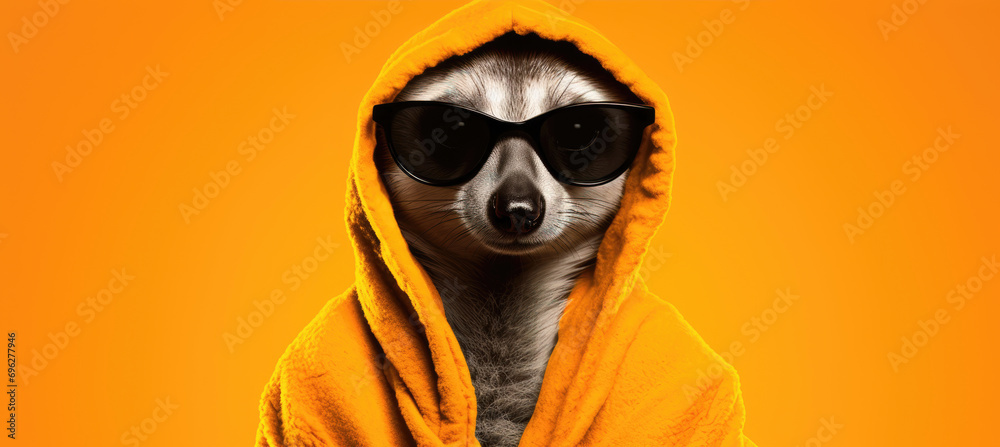 A meerkat donning sunglasses and an orange hoodie, posing with a cool demeanor against an orange backdrop. A meerkat donning sunglasses and an orange hoodie, posing with a cool demeanor against an orange backdrop.