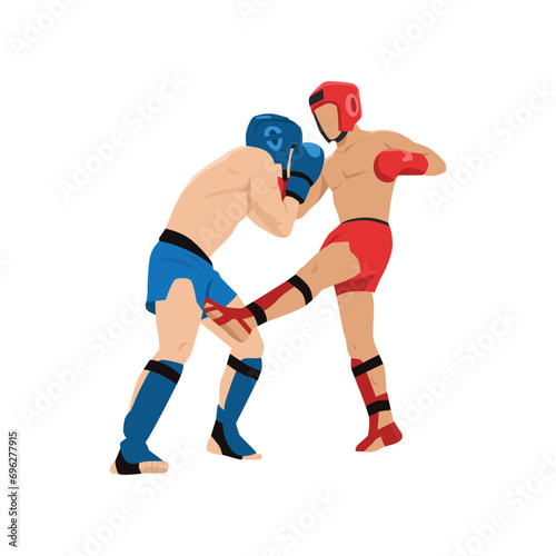 Kickboxing fight, martial art. Kick boxing fighters. Combat sport match. Boxers wrestling tournament. Men athletes in battle competition. Flat vector illustration isolated on white background