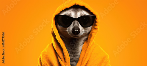 A meerkat donning sunglasses and an orange hoodie, posing with a cool demeanor against an orange backdrop. photo