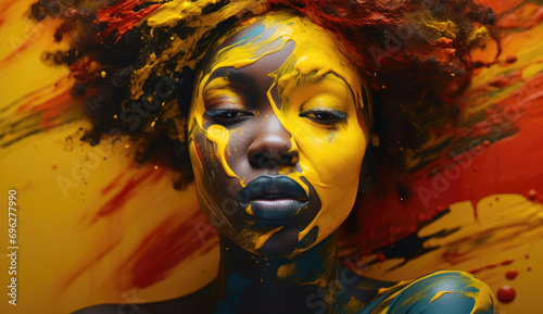 Serene African woman with eyes closed, face adorned with explosive yellow and red paint, amidst a burst of color.
