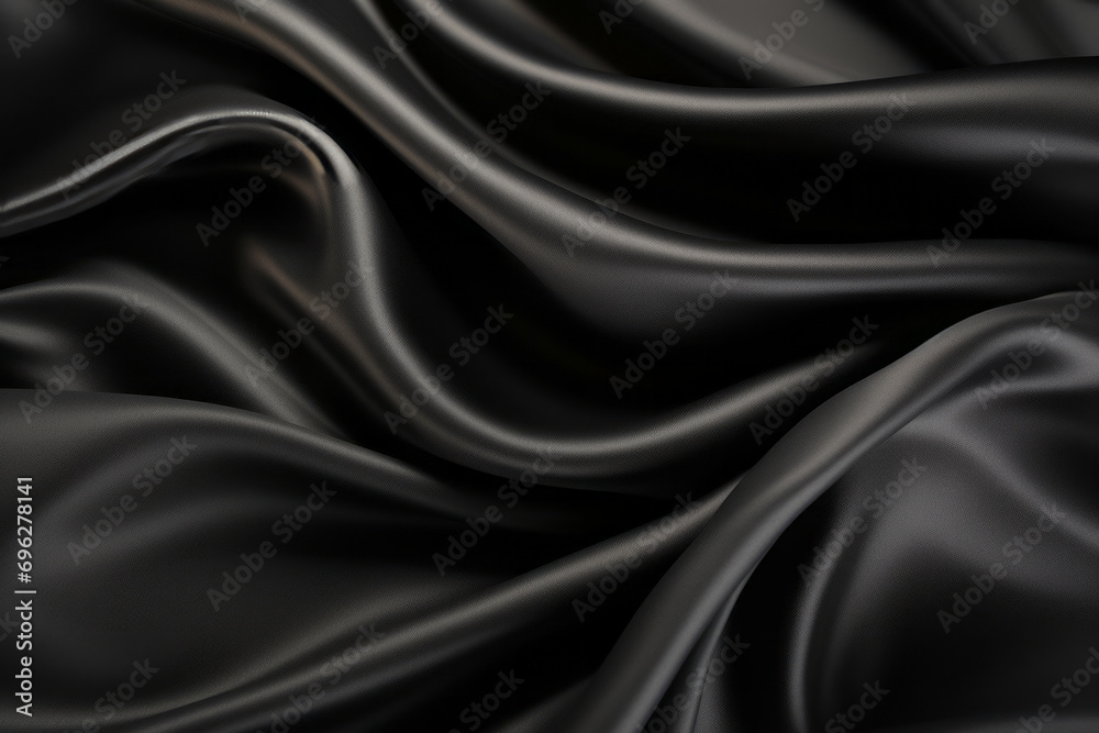 Fototapeta premium Black satin fabric with a smooth flowing texture. background. Silky textured, minimalist and abstract, dark grey.