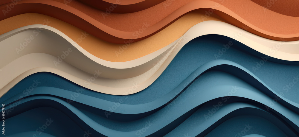 Layered waves of paper in earthy tones cascade rhythmically, creating a serene, abstract pattern reminiscent of geological strata or calm seas. - obrazy, fototapety, plakaty 